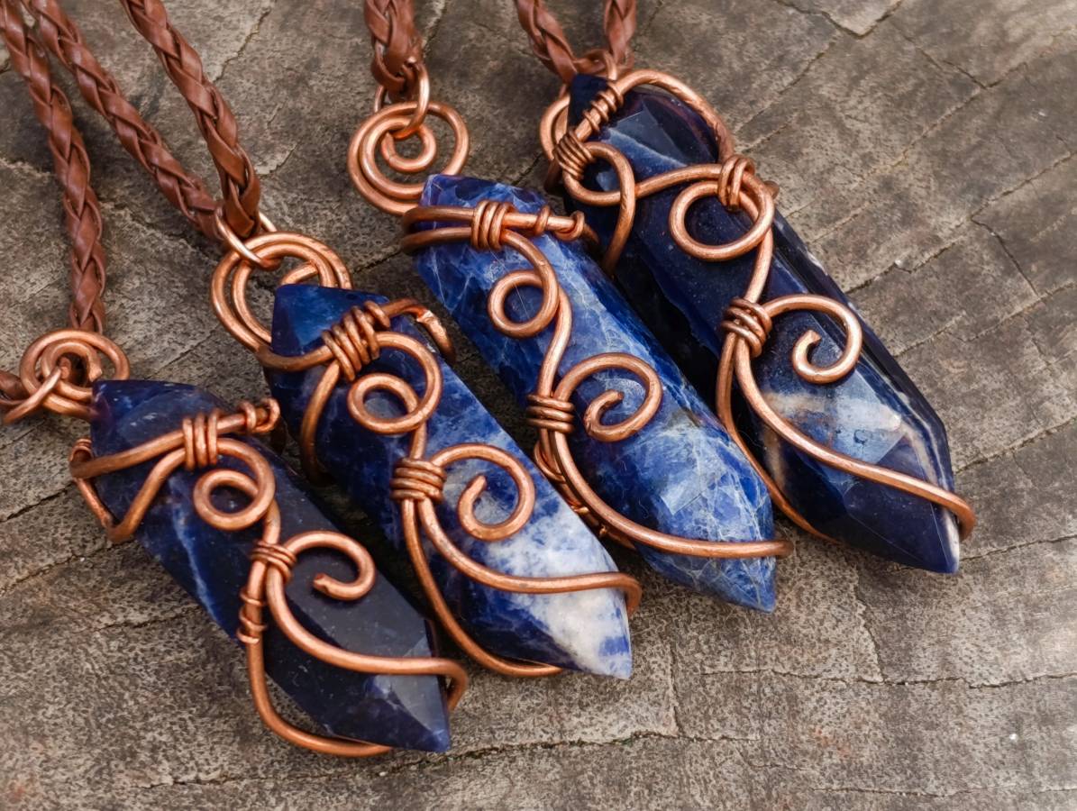 Hand Made Sodalite Copper Wire Wrapped Stone Double Terminated Pendants - Sold Per Item - From Namibia