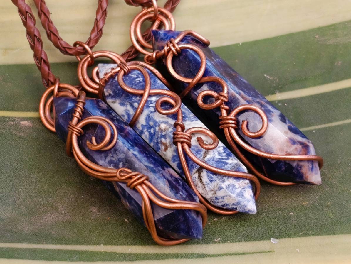 Hand Made Sodalite Copper Wire Wrapped Stone Double Terminated Pendants - Sold Per Item - From Namibia