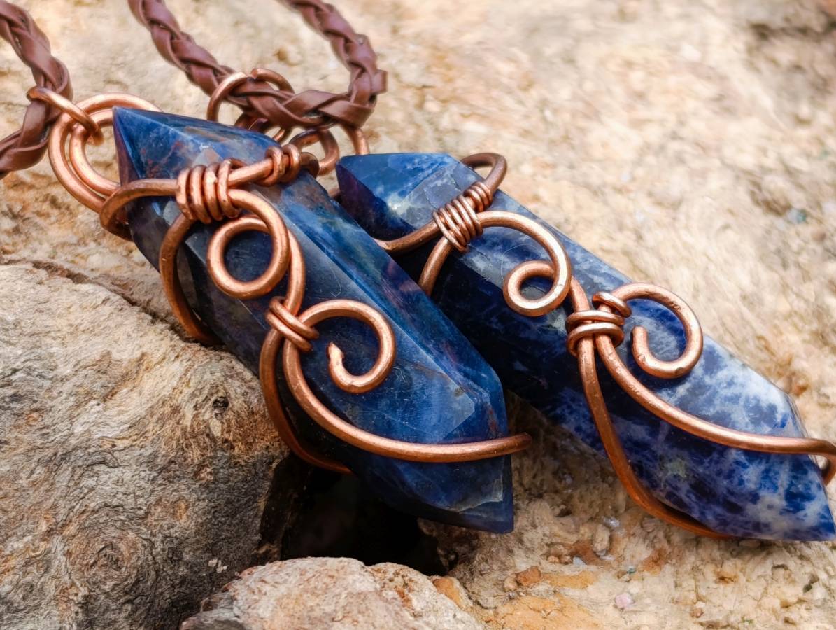 Hand Made Sodalite Copper Wire Wrapped Stone Double Terminated Pendants - Sold Per Item - From Namibia