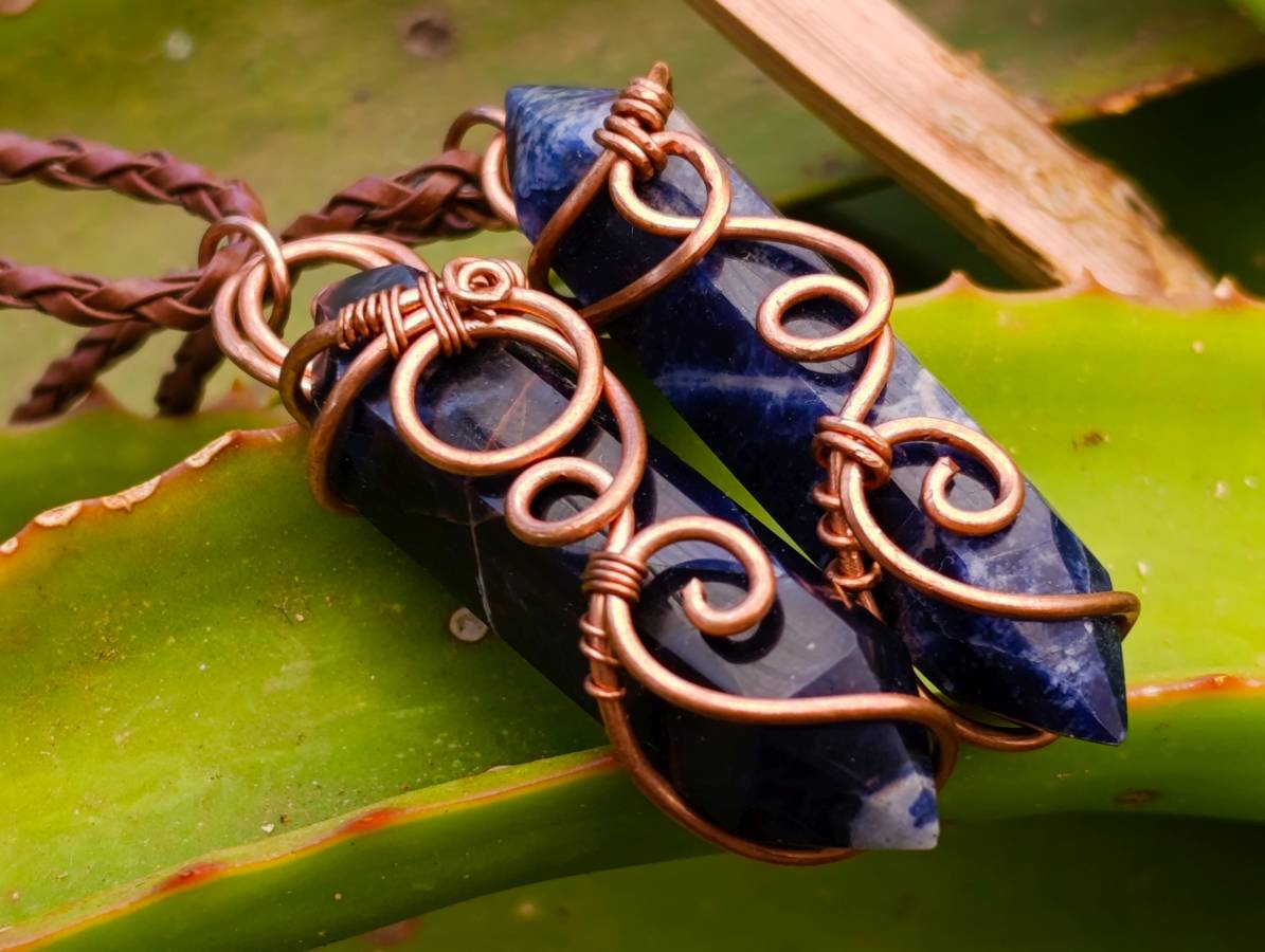 Hand Made Sodalite Copper Wire Wrapped Stone Double Terminated Pendants - Sold Per Item - From Namibia