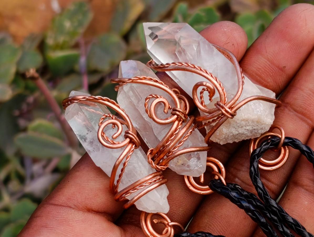 Hand Made Clear Quartz Copper Wire Wrapped Crystal Pendants - Sold Per Piece - From Madagascar