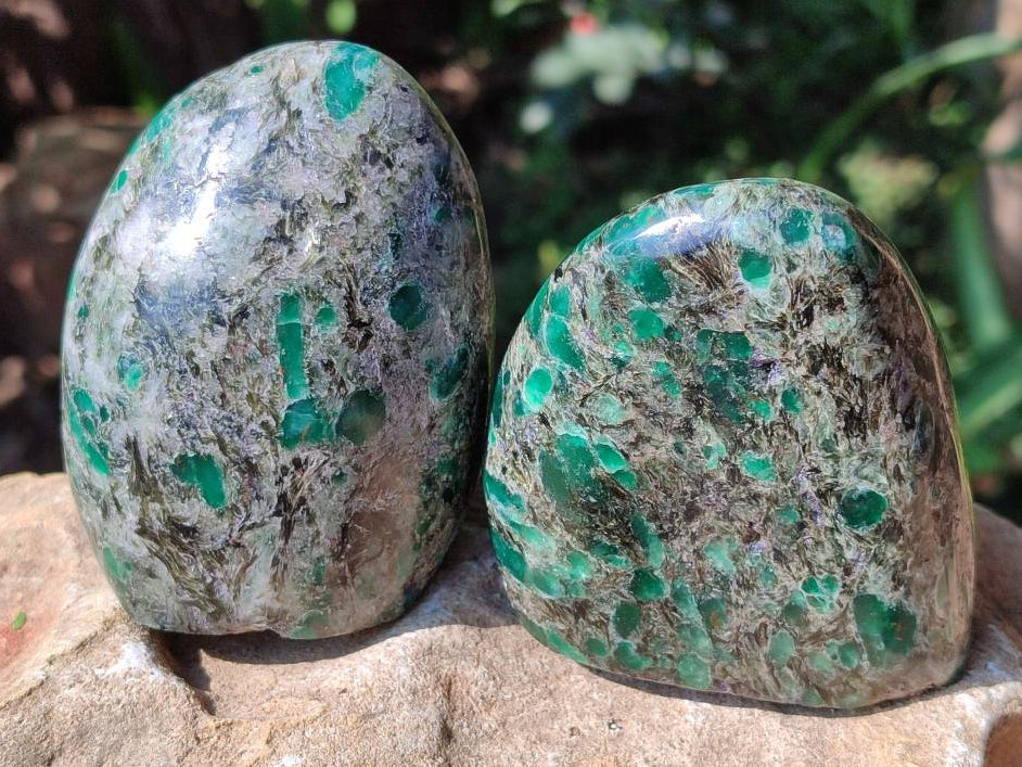 Polished Emerald Mica 'Mutokolite' Standing Free Forms x 3 From Mutoko, Zimbabwe