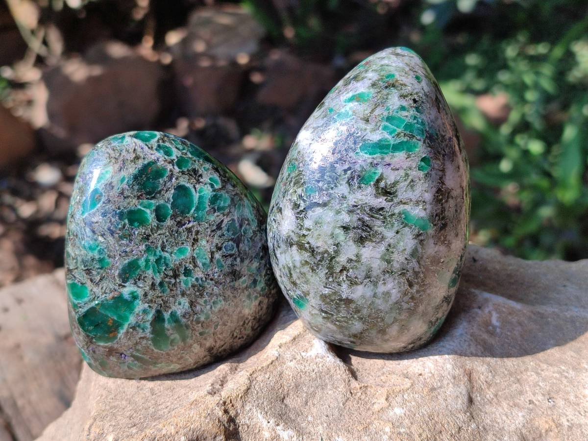 Polished Emerald Mica 'Mutokolite' Standing Free Forms x 3 From Mutoko, Zimbabwe