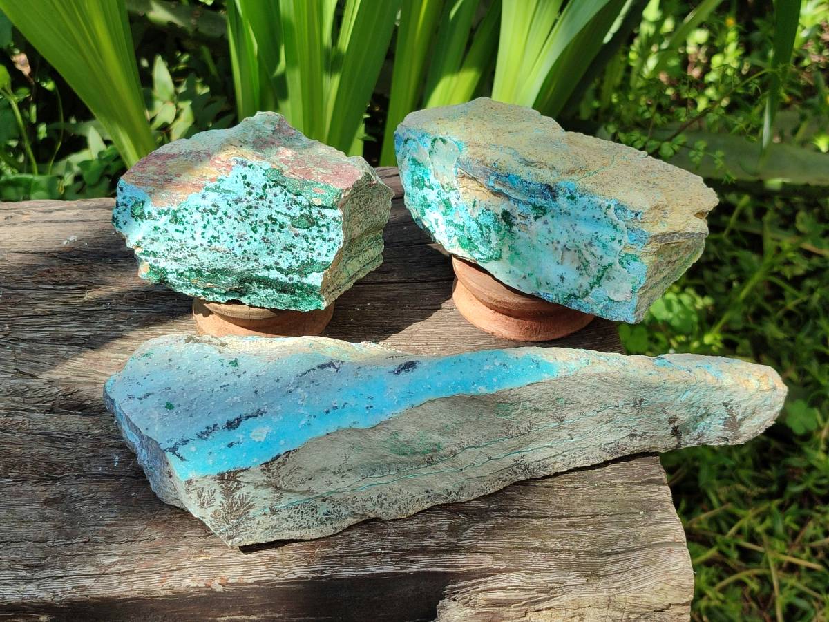 Natural Drusy Coated Chrysocolla With Malachite Specimens x 3 From Lupoto Mine, Congo