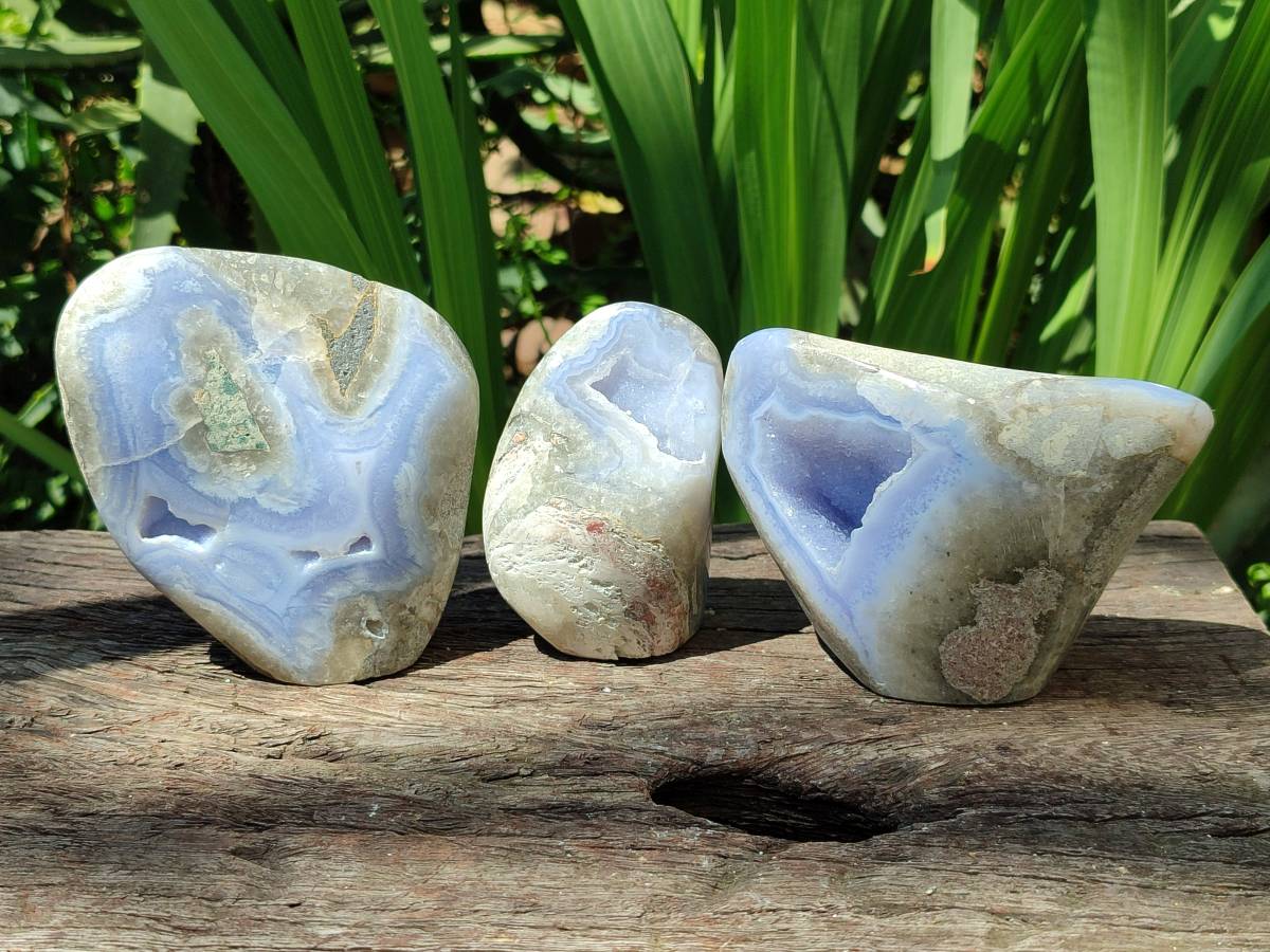 Polished Blue Lace Agate Standing Free Forms x 3 From Nsanje, Malawi