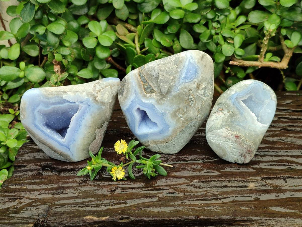 Polished Blue Lace Agate Standing Free Forms x 3 From Nsanje, Malawi
