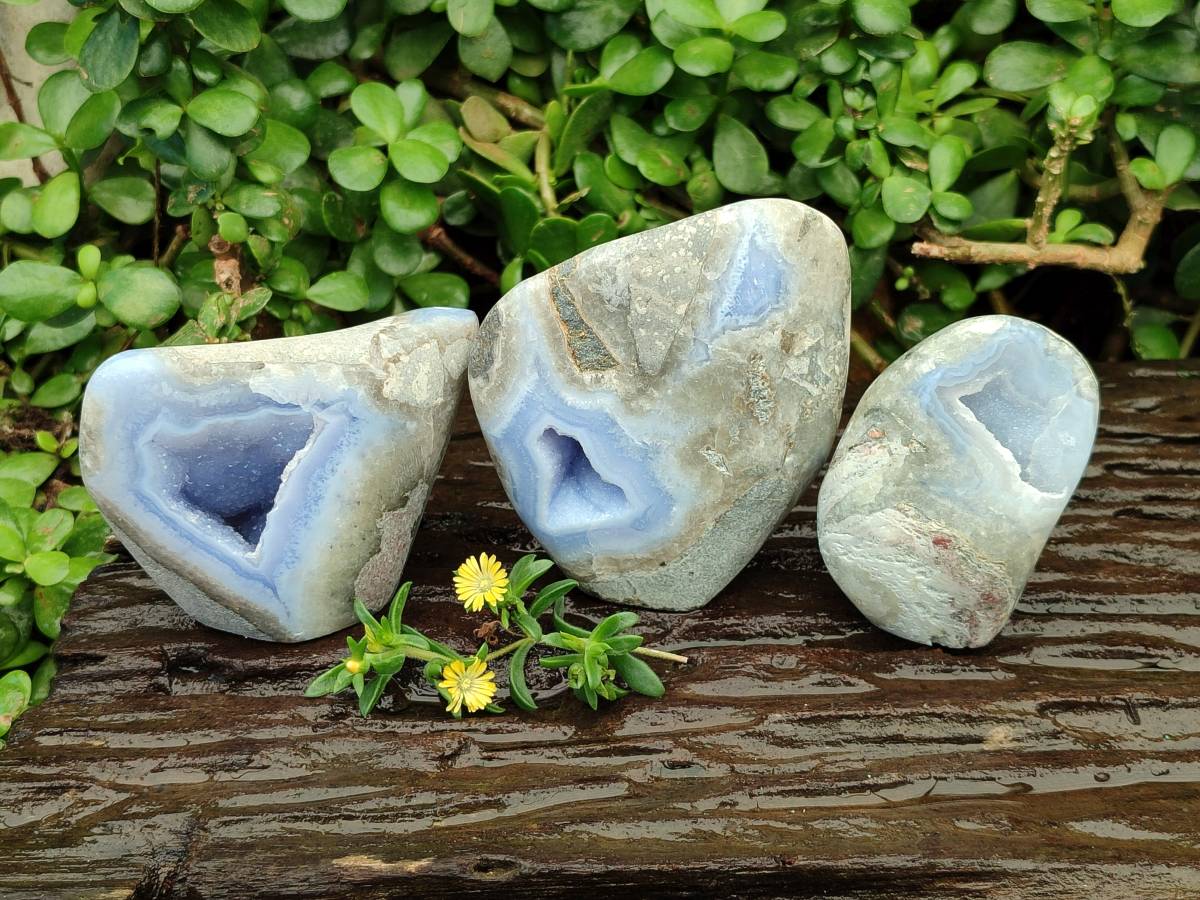 Polished Blue Lace Agate Standing Free Forms x 3 From Nsanje, Malawi