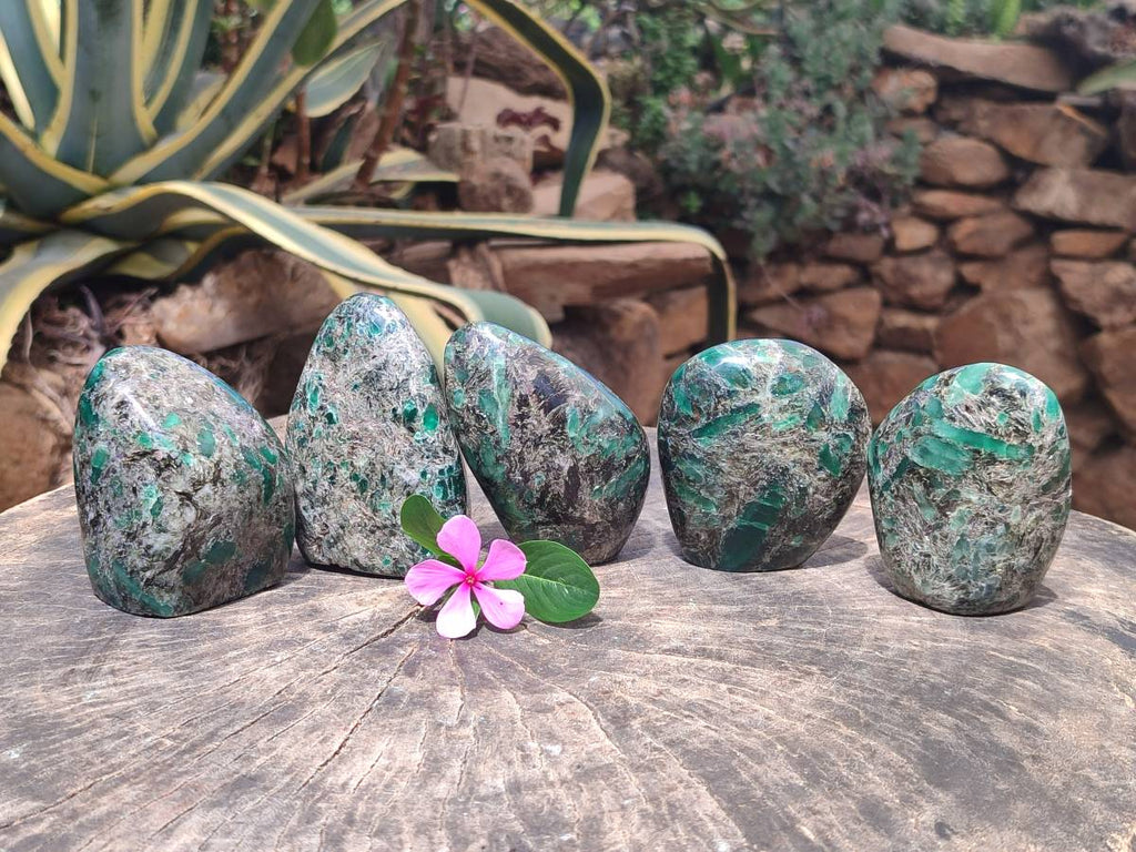 Polished Emerald Mica 'Mutokolite' Standing Free Forms x 5 From Mutoko, Zimbabwe