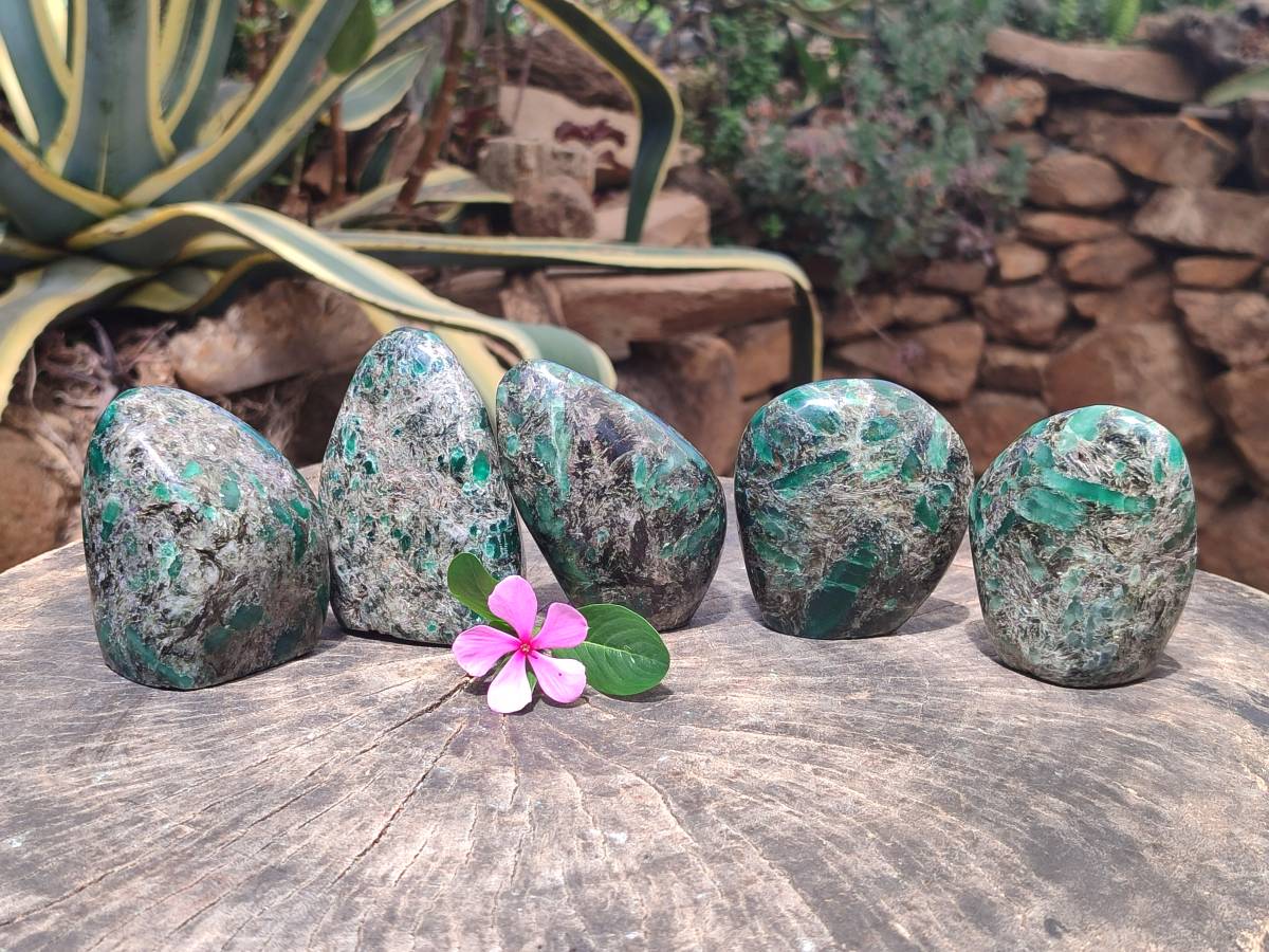 Polished Emerald Mica 'Mutokolite' Standing Free Forms x 5 From Mutoko, Zimbabwe