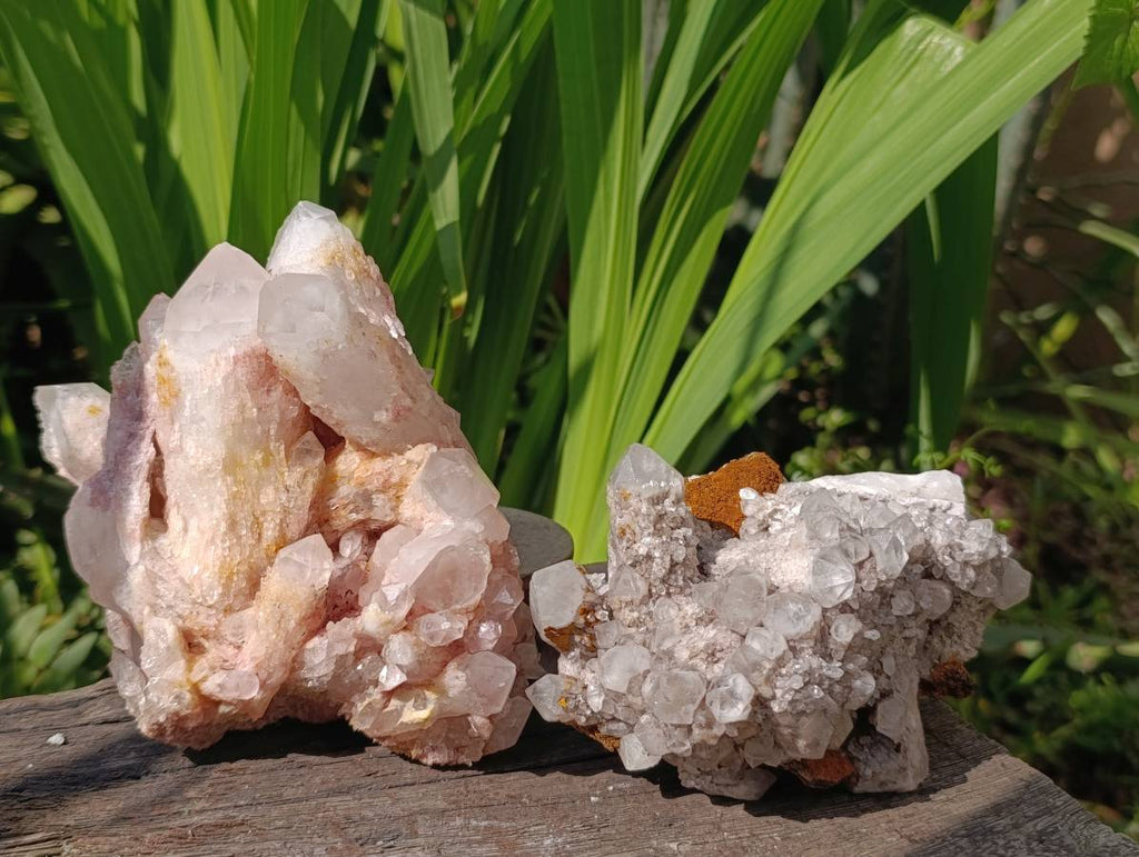 Natural Hematoid and Clear Candle Quartz Clusters x 2 From Antsirabe, Madagascar