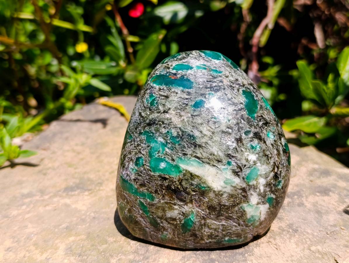 Polished Emerald Mica 'Mutokolite' Standing Free Forms x 3 From Mutoko, Zimbabwe