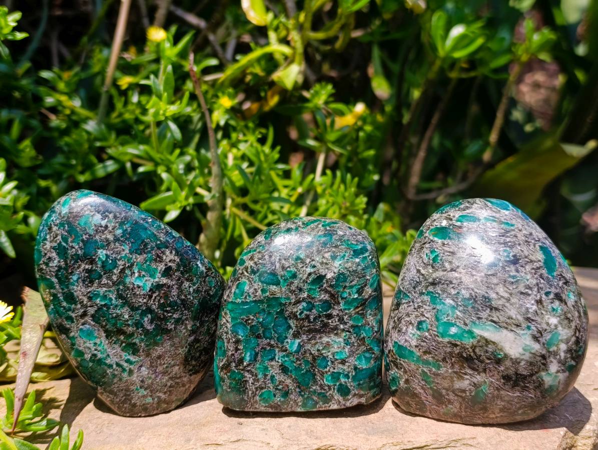 Polished Emerald Mica 'Mutokolite' Standing Free Forms x 3 From Mutoko, Zimbabwe