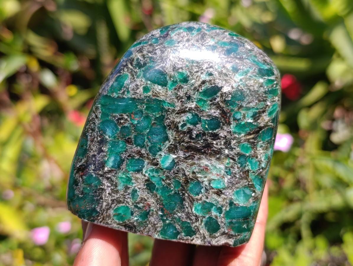 Polished Emerald Mica 'Mutokolite' Standing Free Forms x 3 From Mutoko, Zimbabwe