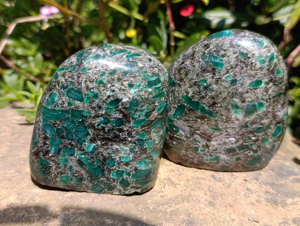 Polished Emerald Mica 'Mutokolite' Standing Free Forms x 3 From Mutoko, Zimbabwe