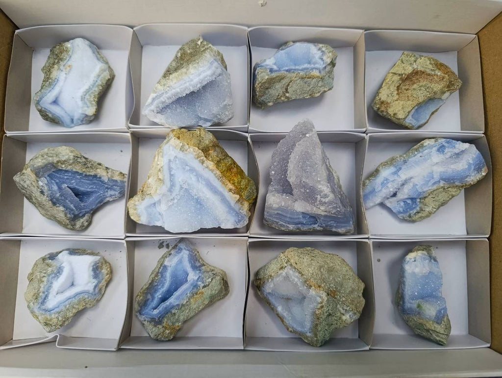 Natural Blue Lace Agate Geode Specimens x 12 From Nsanje, Malawi