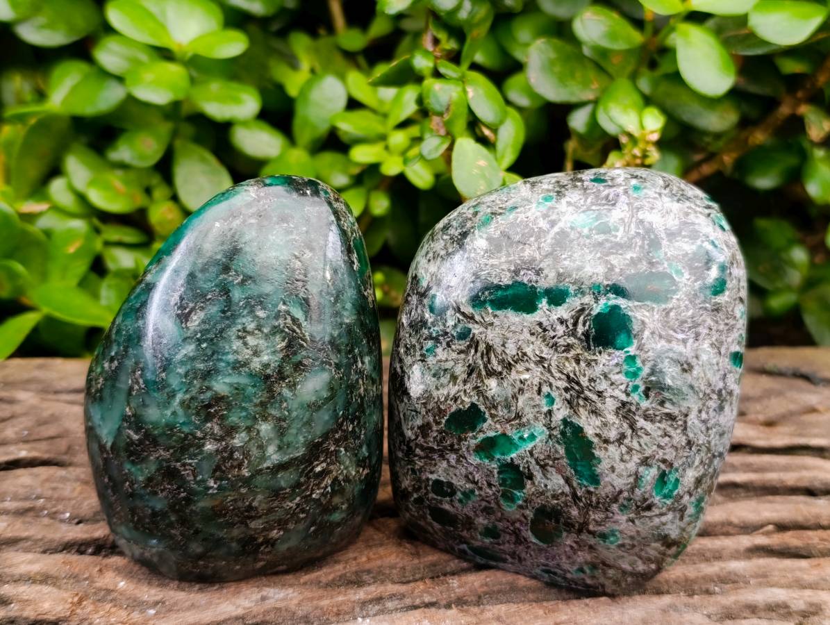 Polished Emerald Mica 'Mutokolite' Standing Free Forms x 3 From Mutoko, Zimbabwe