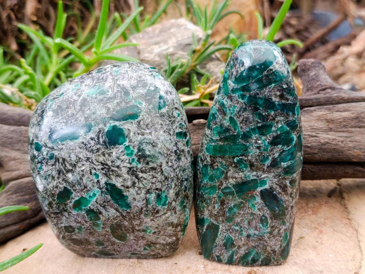 Polished Emerald Mica 'Mutokolite' Standing Free Forms x 3 From Mutoko, Zimbabwe