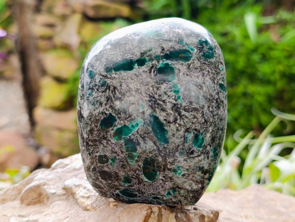 Polished Emerald Mica 'Mutokolite' Standing Free Forms x 3 From Mutoko, Zimbabwe