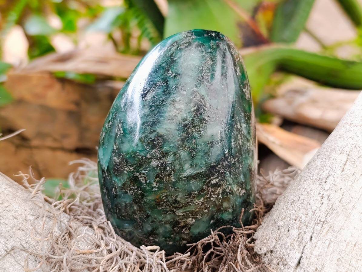Polished Emerald Mica 'Mutokolite' Standing Free Forms x 3 From Mutoko, Zimbabwe