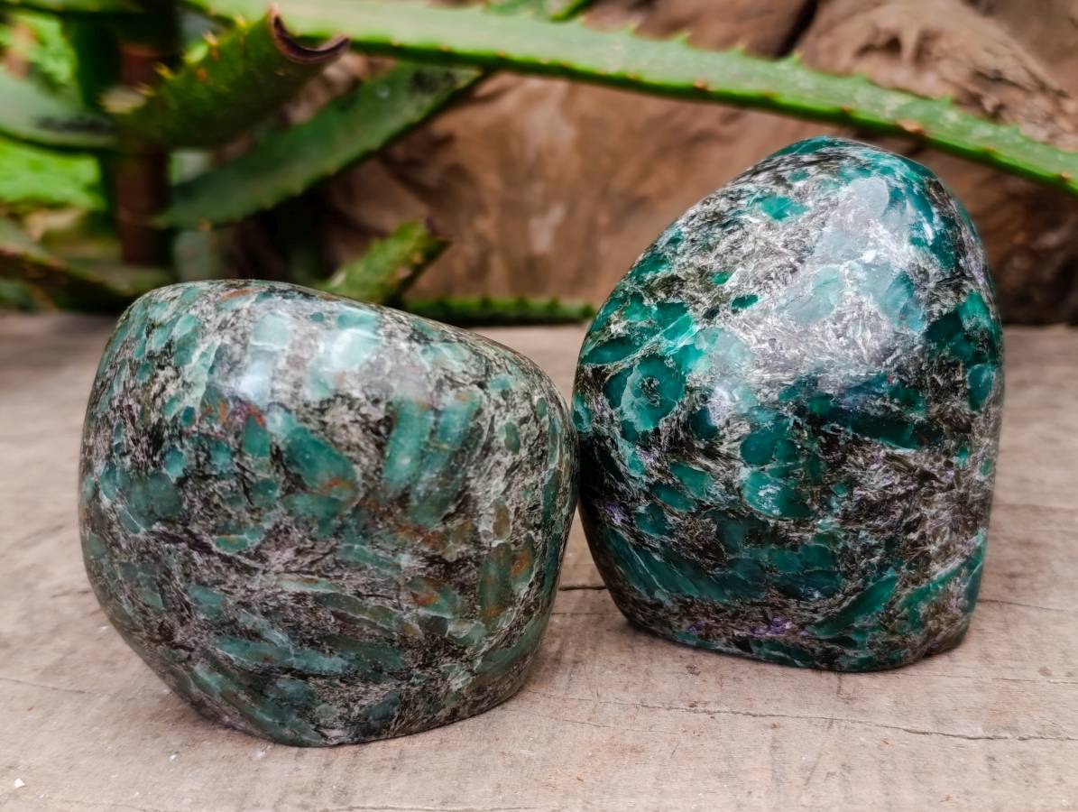 Polished Emerald Mica 'Mutokolite' Standing Free Forms x 3 From Mutoko, Zimbabwe