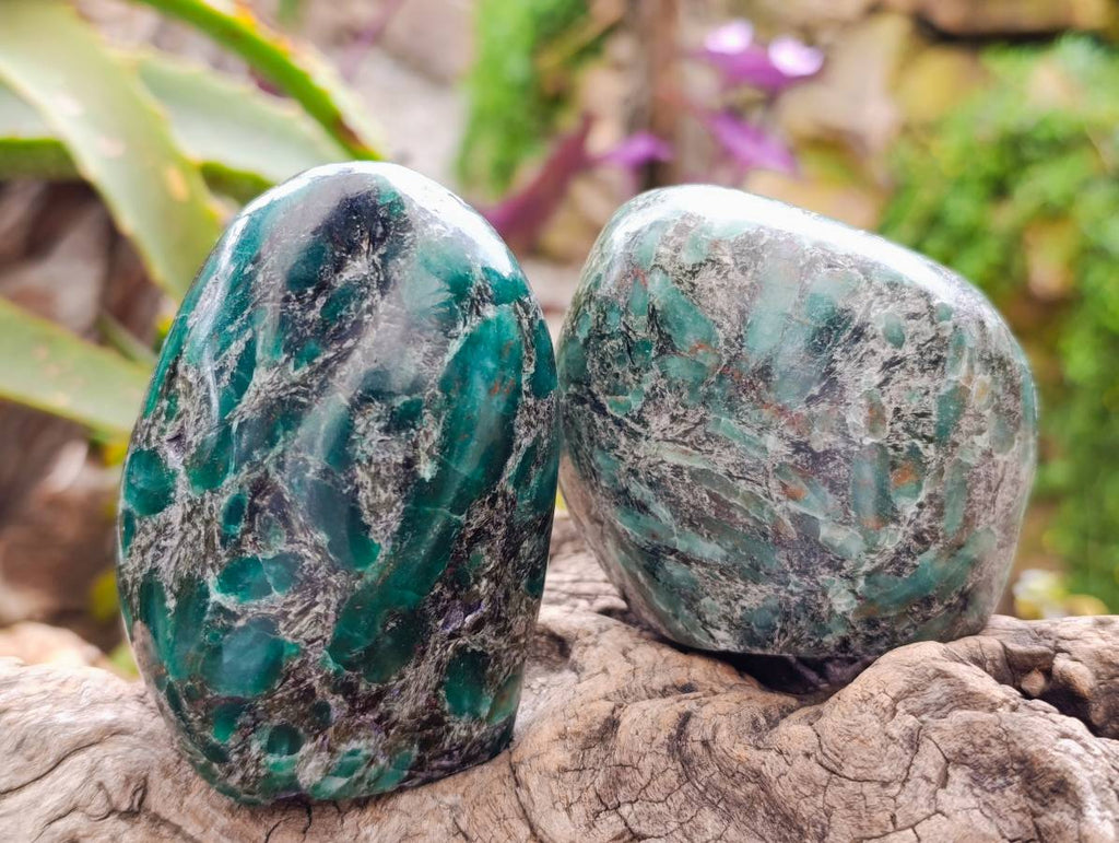 Polished Emerald Mica 'Mutokolite' Standing Free Forms x 3 From Mutoko, Zimbabwe