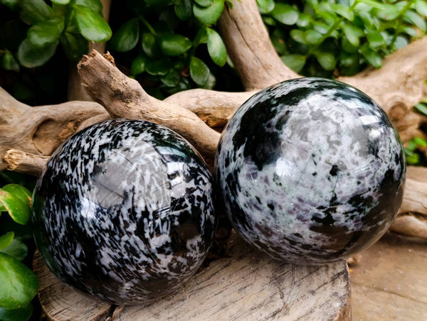 Polished Large Gabbro 'Merlinite' Spheres x 2 From Madagascar