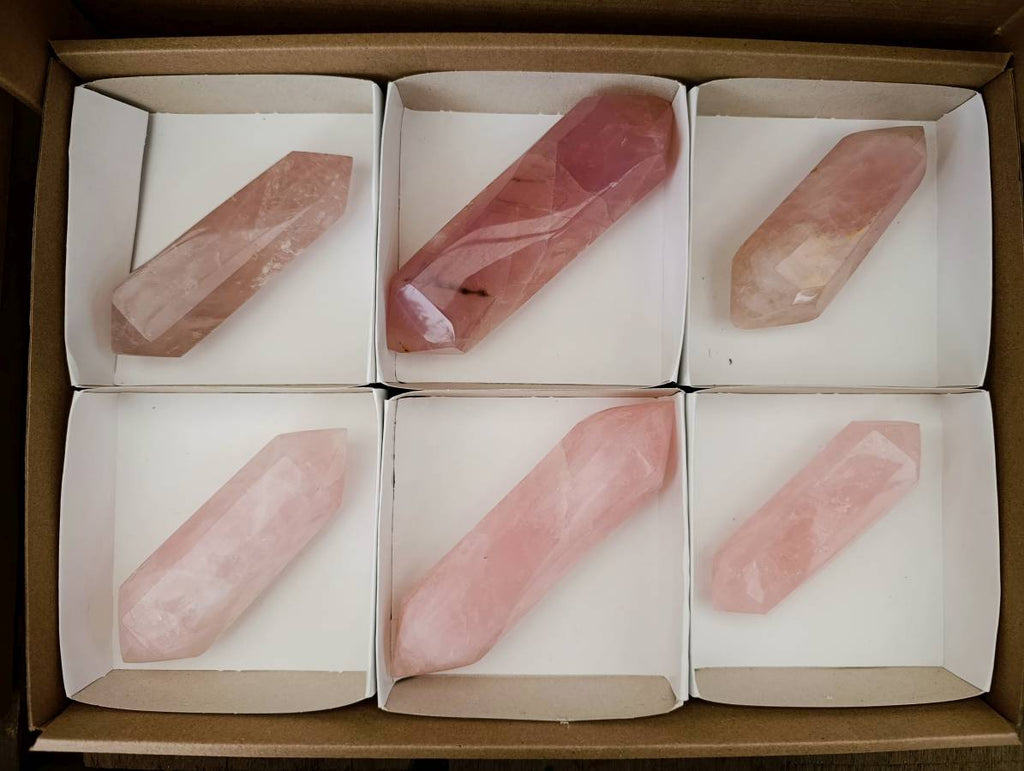 Polished Double Terminated Rose Quartz Crystals x 6 From Madagascar - Toprock Gemstones and Minerals 