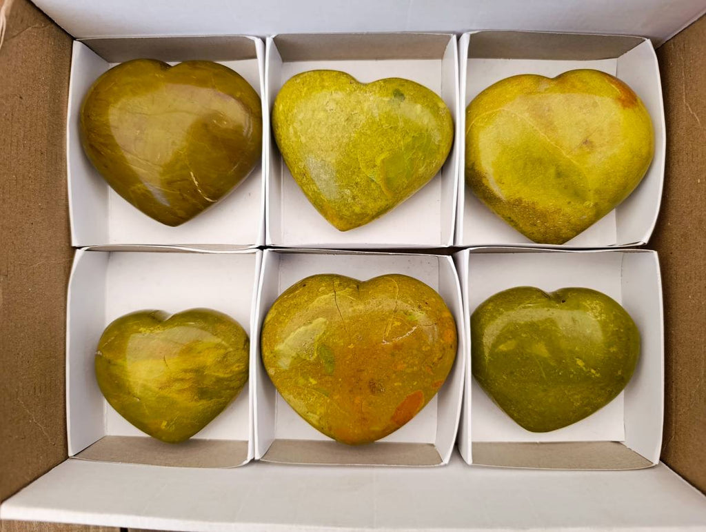 Polished Green Opal Hearts x 6 From Betroka, Madagascar