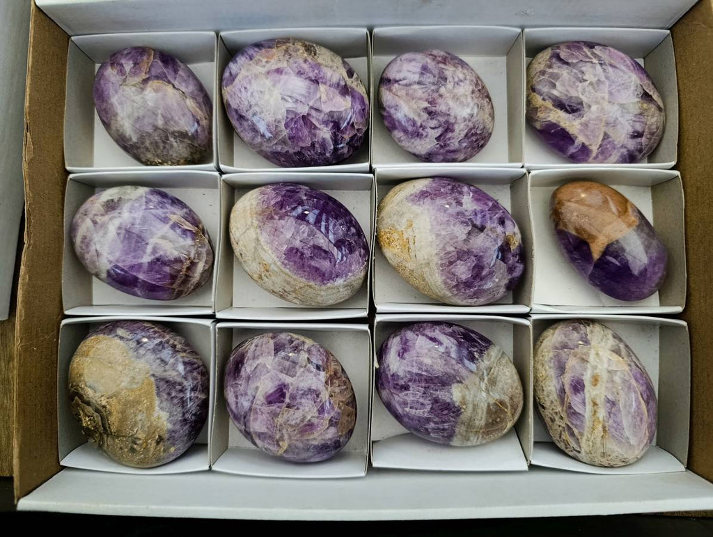 Polished Large Chevron Amethyst Palm Stones x 12 From Madagascar