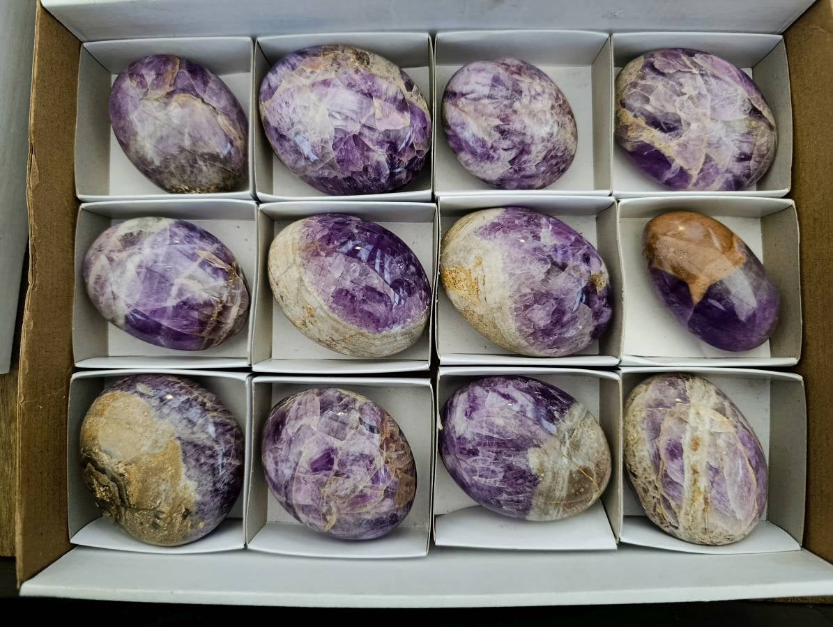 Polished Large Chevron Amethyst Palm Stones x 12 From Madagascar