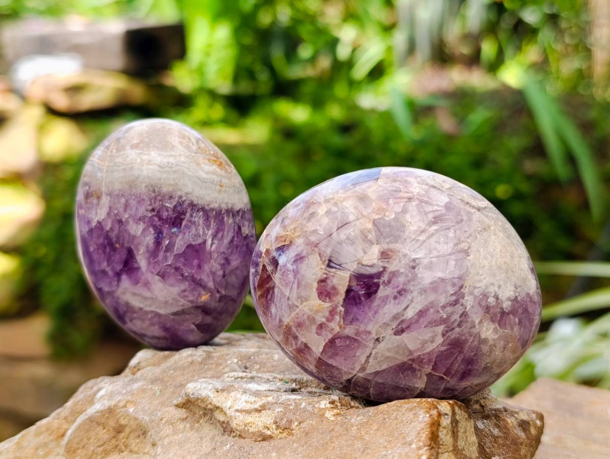 Polished Large Chevron Amethyst Palm Stones x 12 From Madagascar