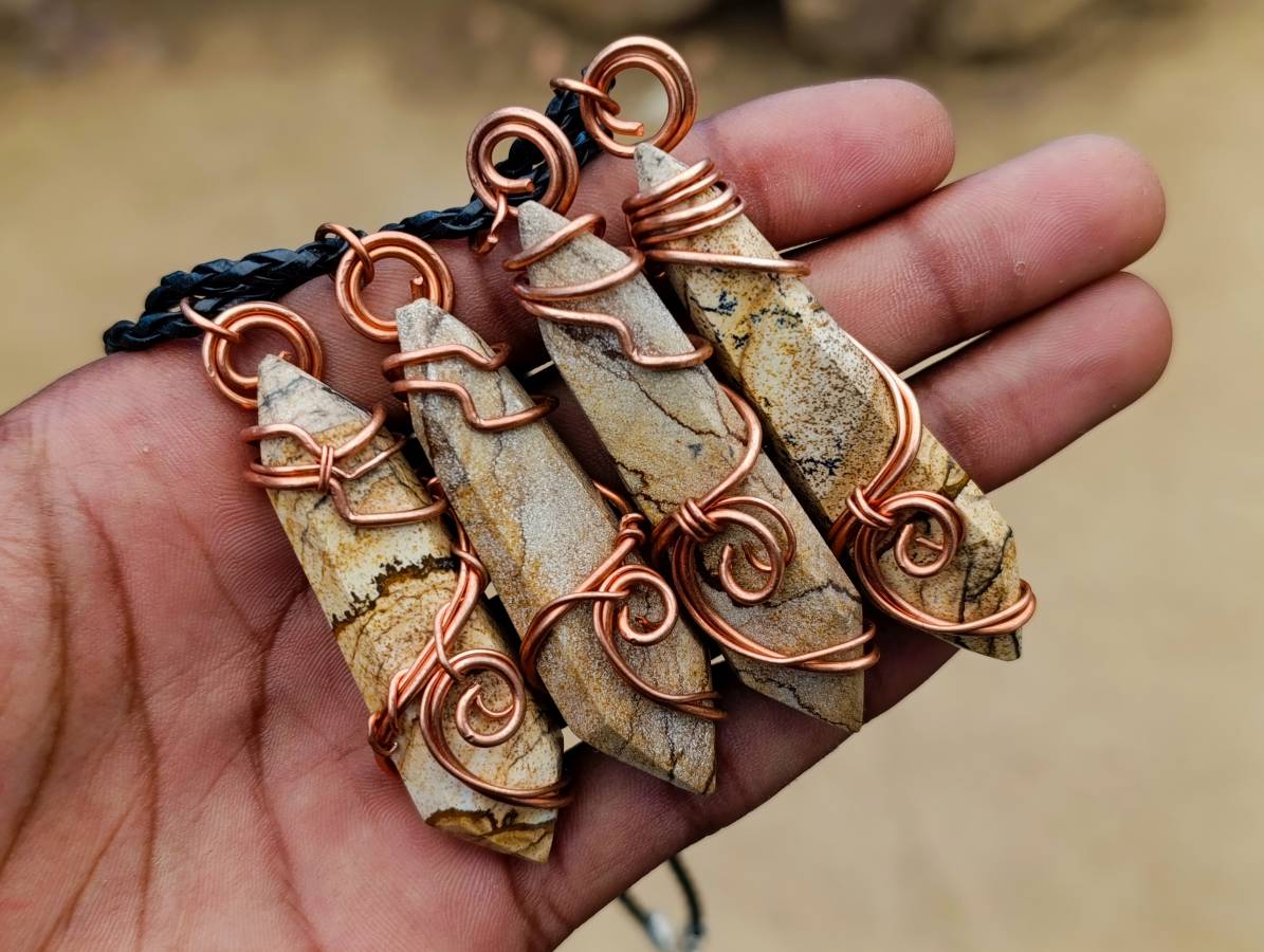 Hand Made Picture Stone Copper Wire Wrapped Stone Pendants -Sold Per Item- From Southern Africa/South Africa