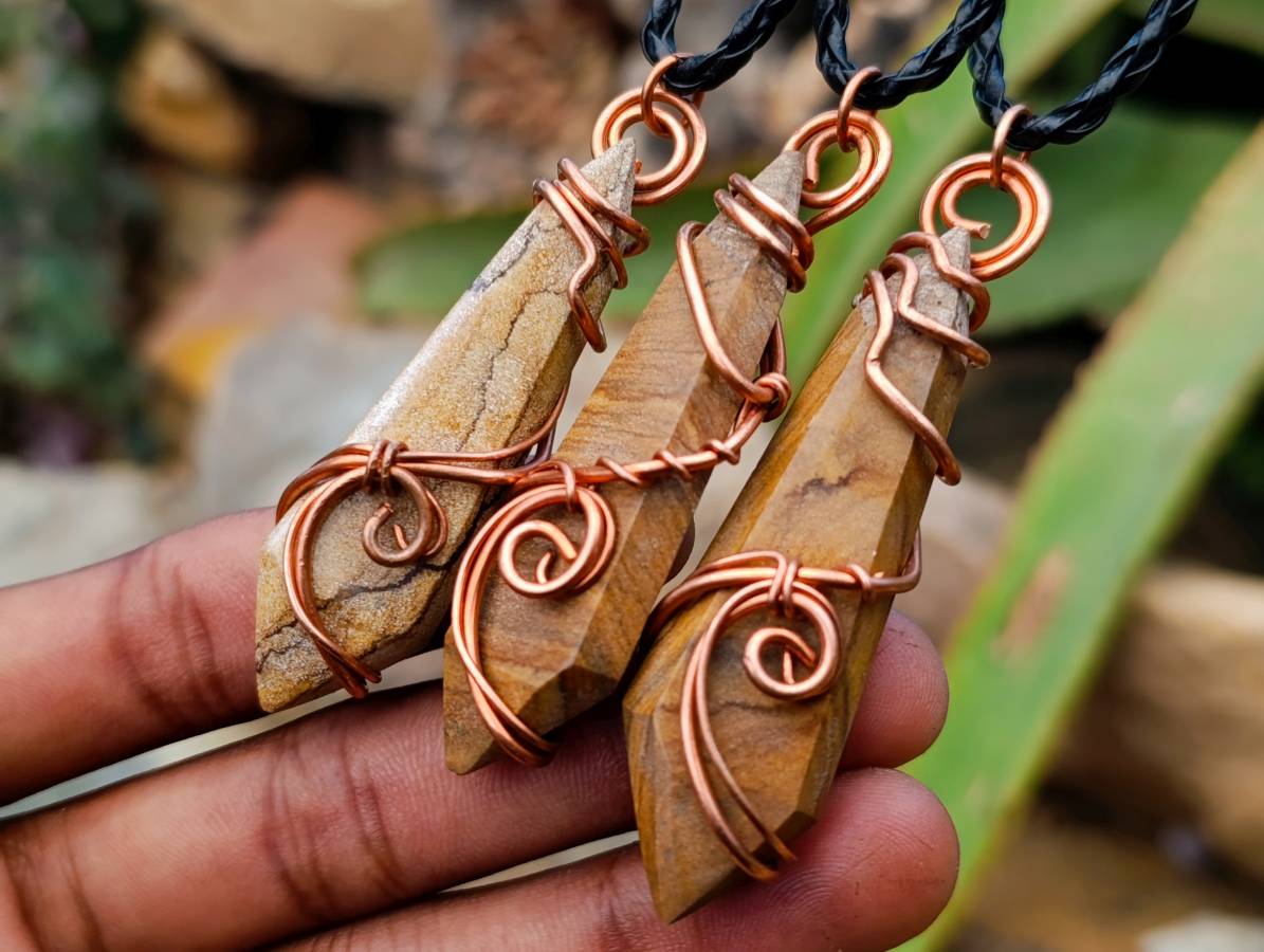 Hand Made Picture Stone Copper Wire Wrapped Stone Pendants -Sold Per Item- From Southern Africa/South Africa