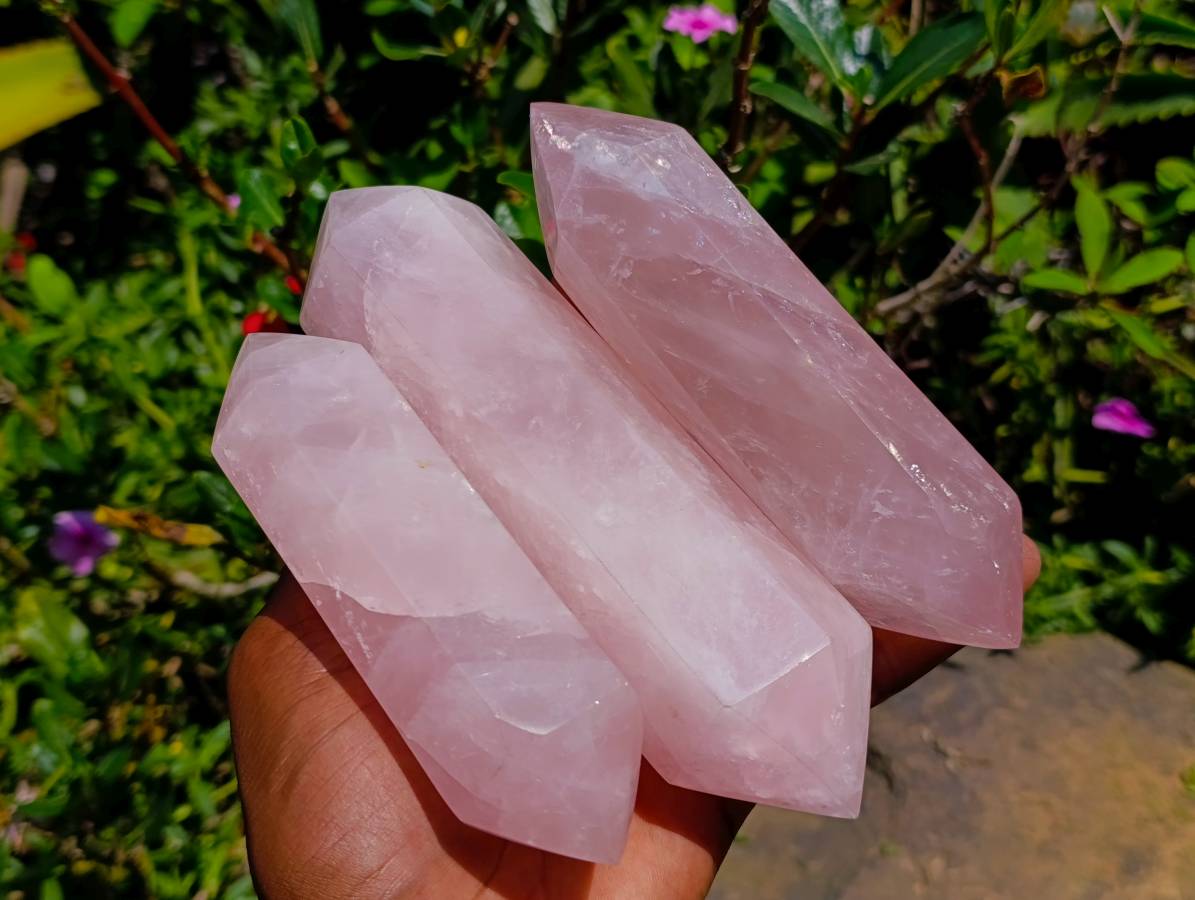 Polished Double Terminated Rose Quartz Crystals x 6 From Madagascar - Toprock Gemstones and Minerals 