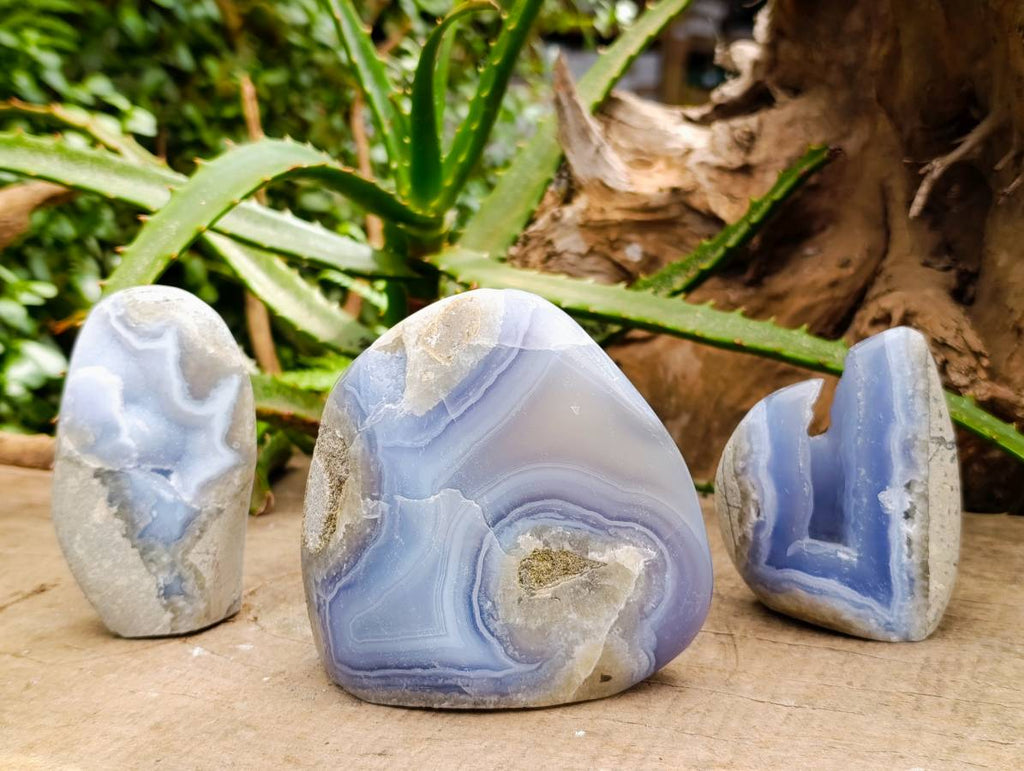 Polished Blue Lace Agate Standing Free Forms x 3 From Nsanje, Malawi