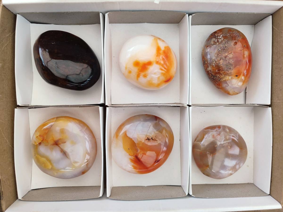 Polished Carnelian Agate Gemstone Palm Stones x 6 From Madagascar