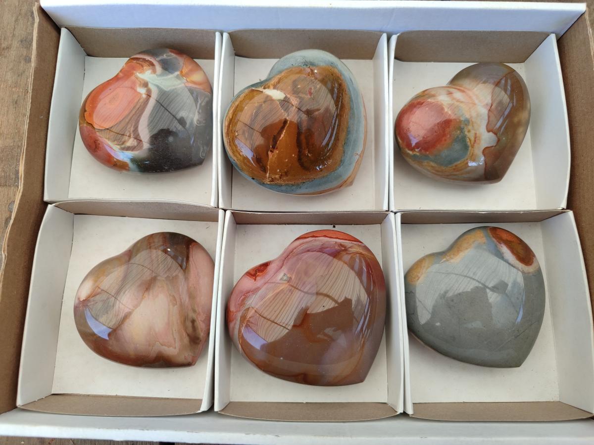 Polished Polychrome Jasper Hearts x 6 From NW Coast, Madagascar