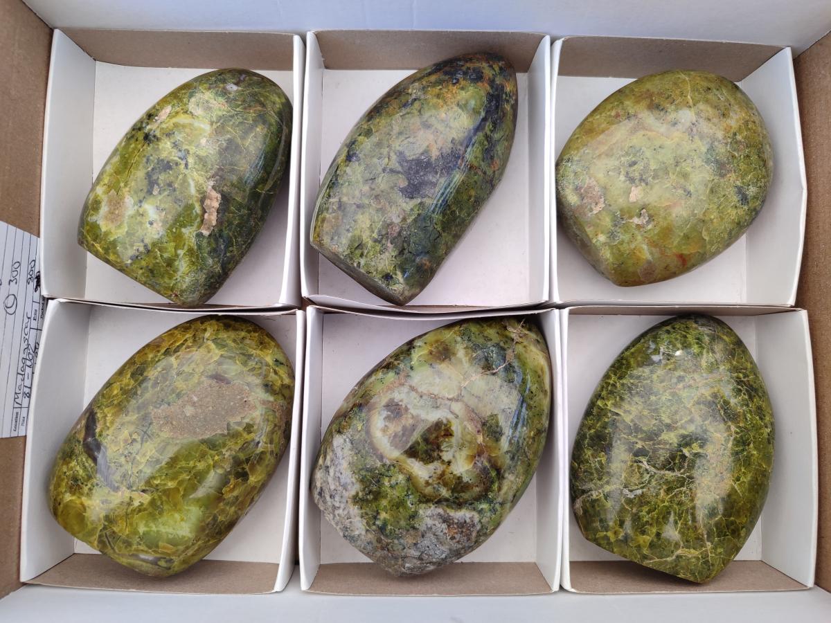Polished Green Opal Standing Free Forms x 6 From Betroka, Madagascar