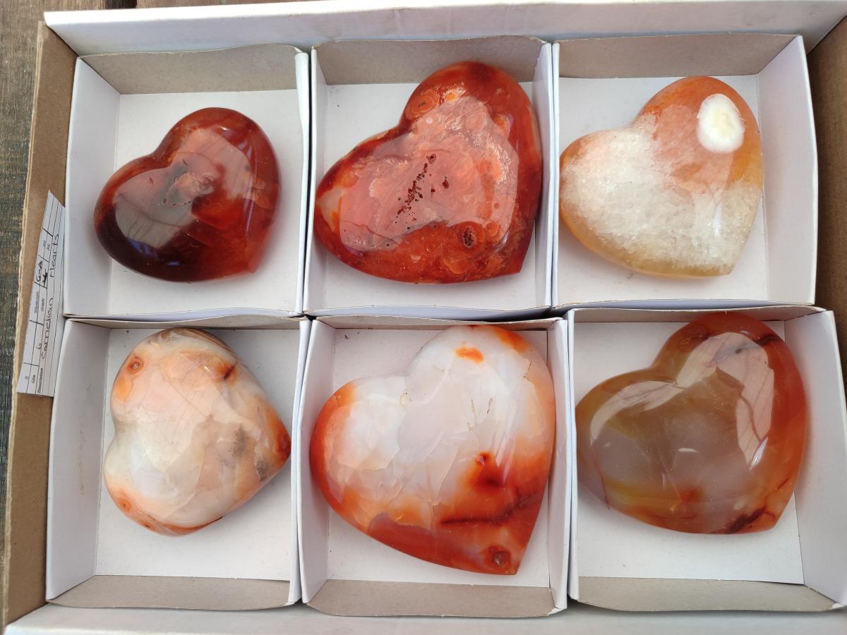 Polished Carnelian Agate Gemstone Hearts x 6 From Madagascar