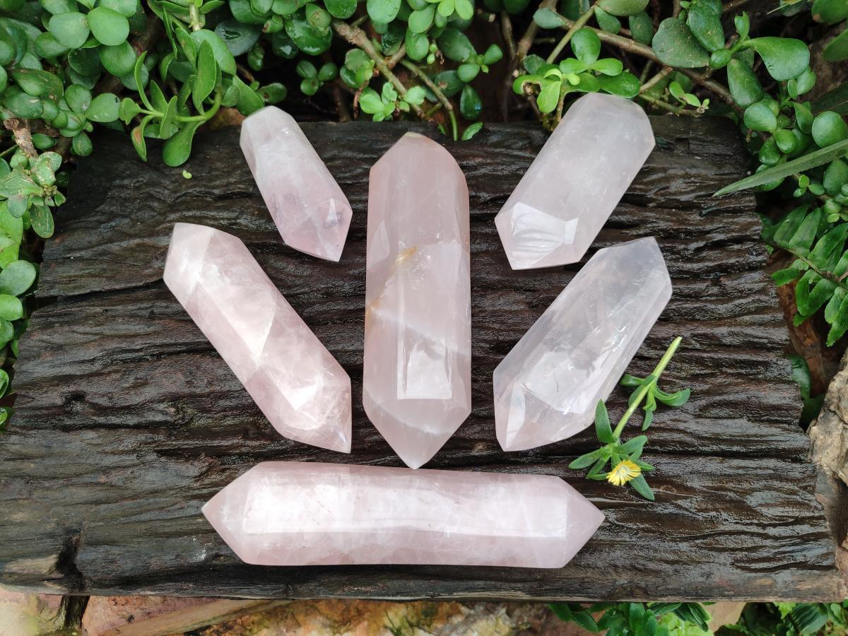 Polished Double Terminated Rose Quartz Crystals x 6 From Madagascar - Toprock Gemstones and Minerals 