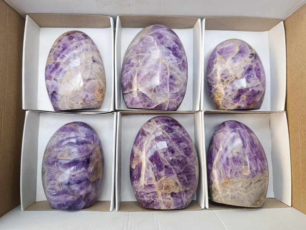 Polished Purple Chevron Amethyst Standing Free Form x 6 From Madagascar
