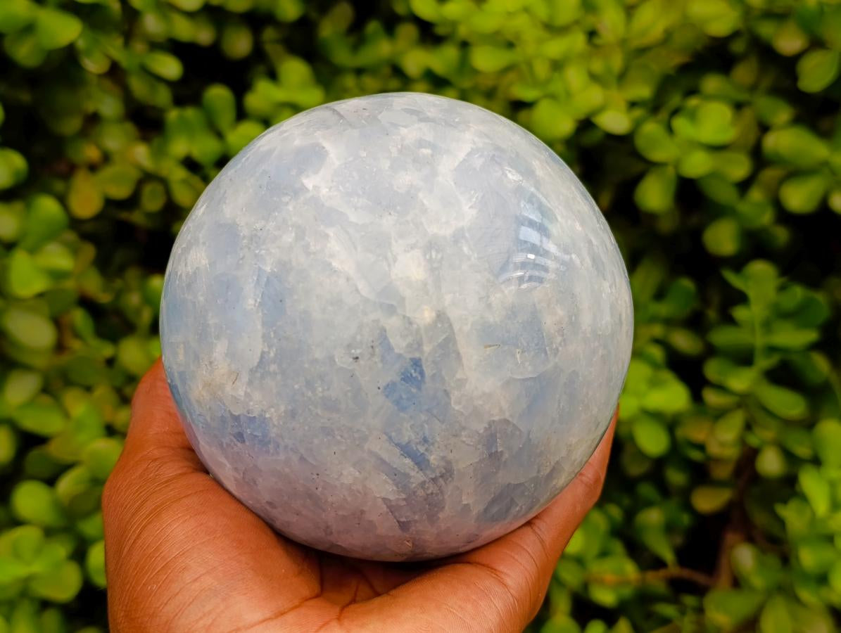Polished Large Blue Calcite Sphere with Wood Stand x 1 From Madagascar