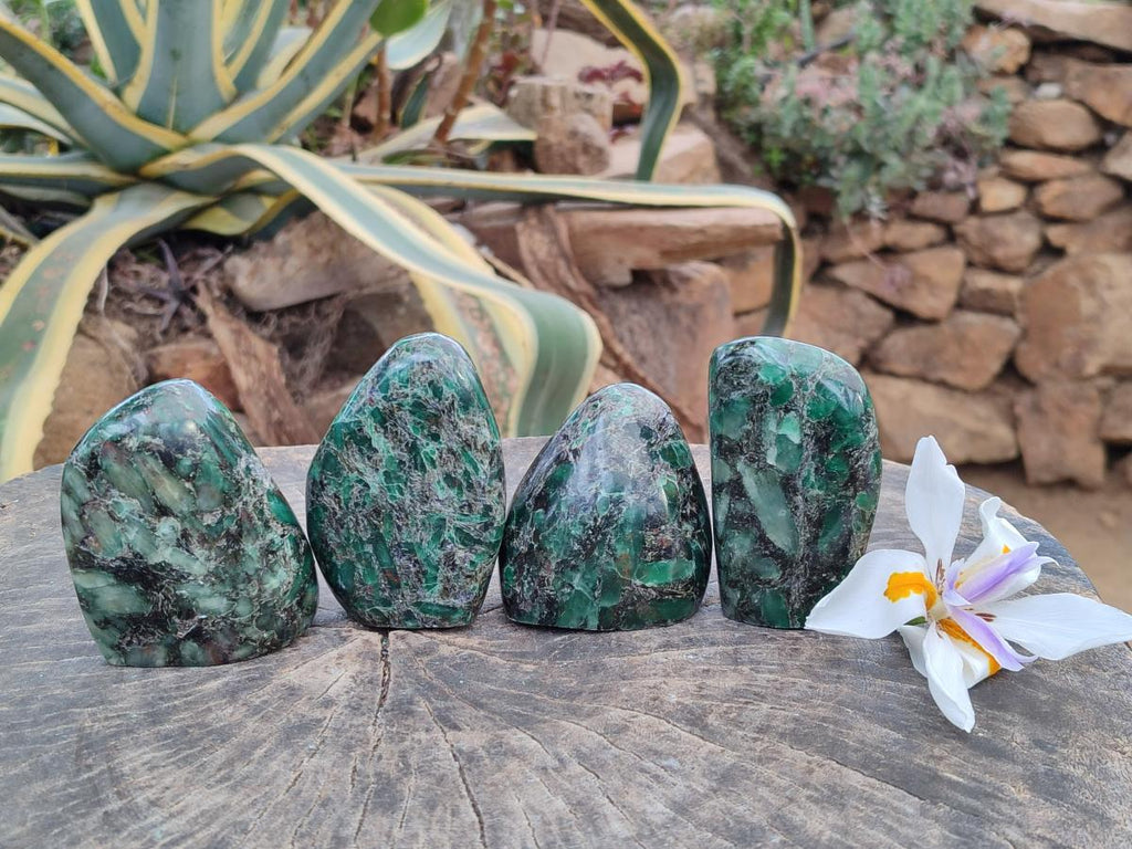Polished Emerald Mica 'Mutokolite' Standing Free Forms x 4 From Mutoko, Zimbabwe