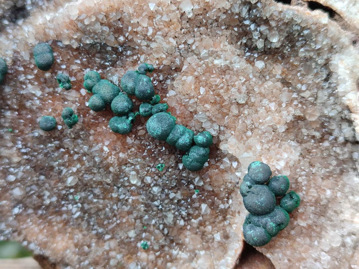 Natural Silky Ball Malachite and Drusy Quartz On Dolomite Matrix Specimens x 2 From Mindingi Mine, Kambove, Congo