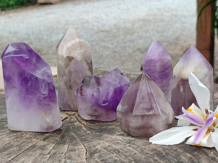 Polished Chevron And Window Amethyst Crystal Points x 6 From Madagascar