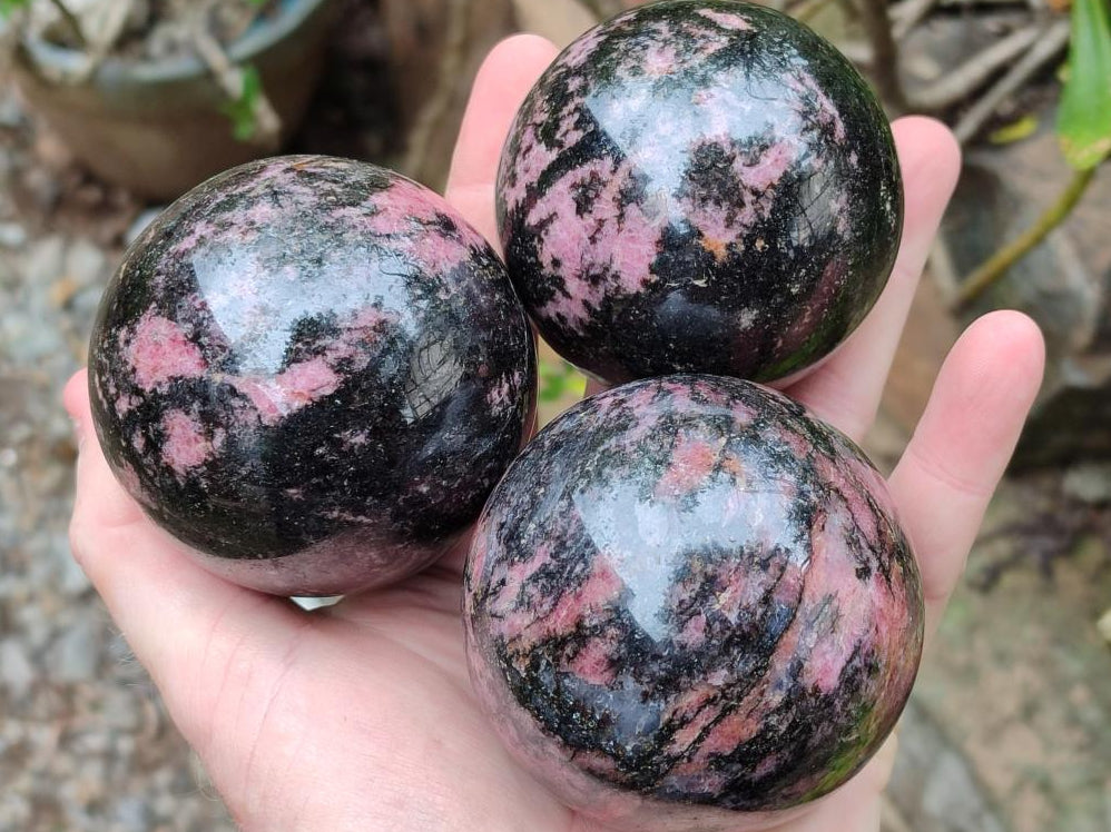 Polished Rhodonite Spheres x 4 From Ambindavato, Madagascar