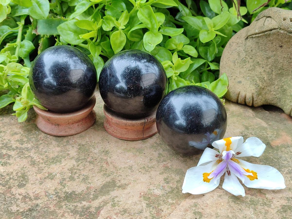 Polished Black Tourmaline Spheres x 3 From Madagascar