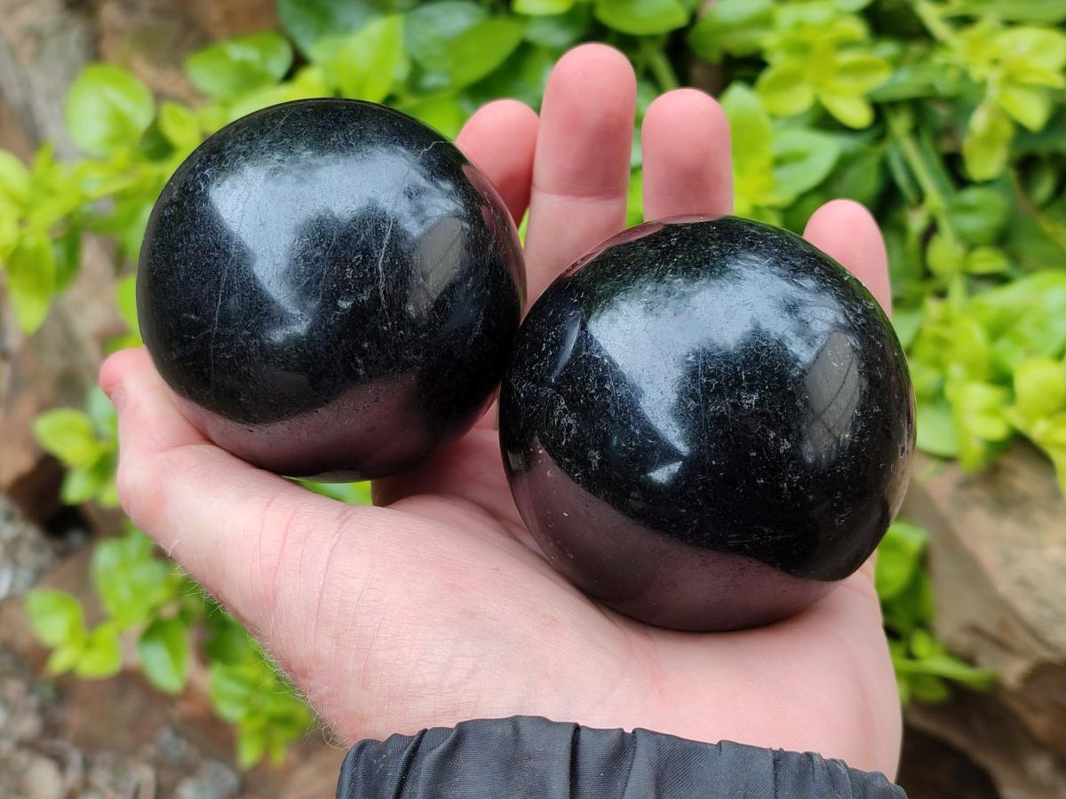 Polished Black Tourmaline Spheres x 3 From Madagascar