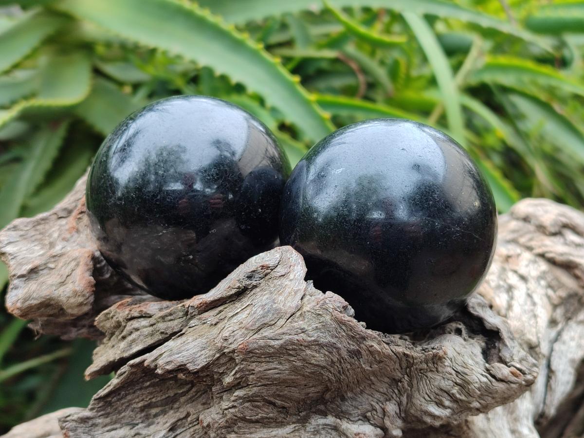 Polished Black Tourmaline Spheres x 3 From Madagascar