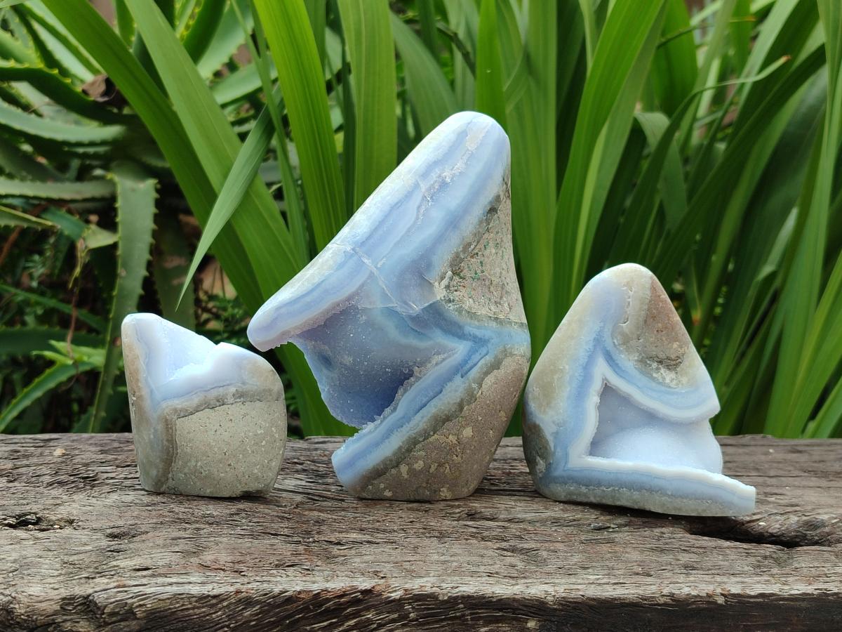 Polished Blue Lace Agate Standing Free Forms x 3 From Nsanje, Malawi